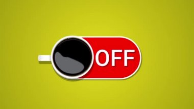 Sarı arka planda açık kırmızı düğmeli bir fincan espresso animasyonu. Kahve yaratıcı fikir geçmişi.