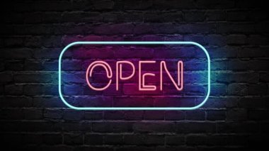 Duvarın arka planında neon açık işaret animasyonu. Kusursuz döngü işareti aç.