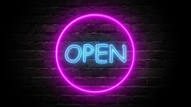 Duvarın arka planında neon açık işaret animasyonu. Kusursuz döngü işareti aç.