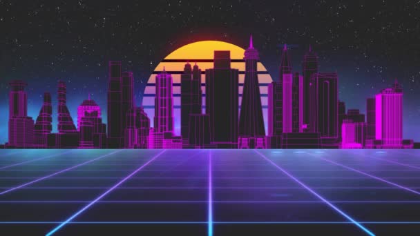 Stylized vintage 3D animation background with modern city, sun and glowing stars. 80s retro futuristic sci-fi seamless loop. — Stock Video