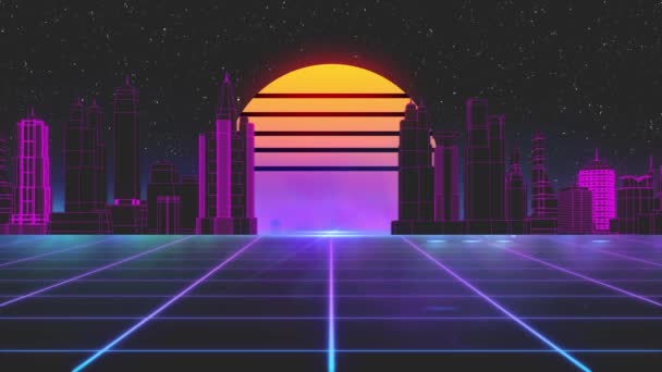 Stylized vintage 3D animation background with modern city, sun and glowing stars. 80s retro futuristic sci-fi seamless loop. — Stock Video