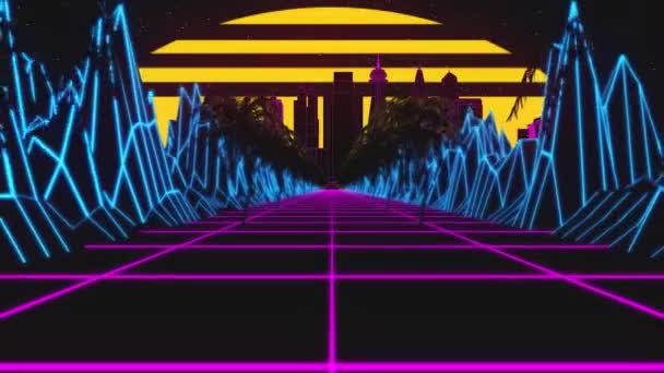 Retrowave horisont landskap neon ljus och låg poly terräng med modern stad och sol. 80-tal retro bakgrund loop animation. — Stockvideo