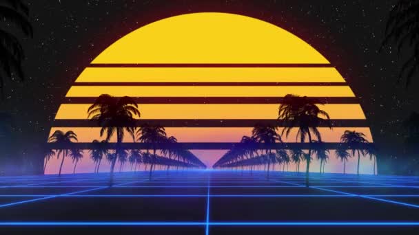 Estilizado fondo de animación 3D vintage con palmeras, sol y estrellas brillantes. 80s retro futurista sci-fi lazo sin costura . — Vídeo de stock