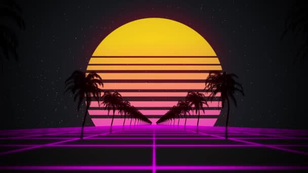 Estilizado fondo de animación 3D vintage con palmeras, sol y estrellas brillantes. 80s retro futurista sci-fi lazo sin costura . — Vídeo de stock