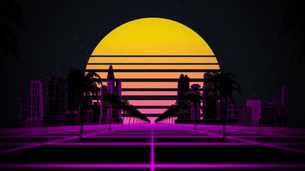 Gestileerde vintage 3D animatie achtergrond met moderne stad, palmbomen, zon en stralende sterren. 80s retro futuristische sci-fi naadloze lus. — Stockvideo