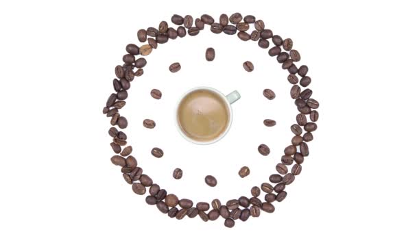 Czas kawy - filiżanka kawy z pianką i zegar ziaren kawy, płynna animacja pętli izolowane na białym tle. — Wideo stockowe