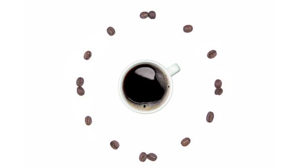 Coffee Time - Чашка черного кофе и часы из кофейных зерен, бесшовная анимация цикла изолированы на белом фоне . — стоковое видео