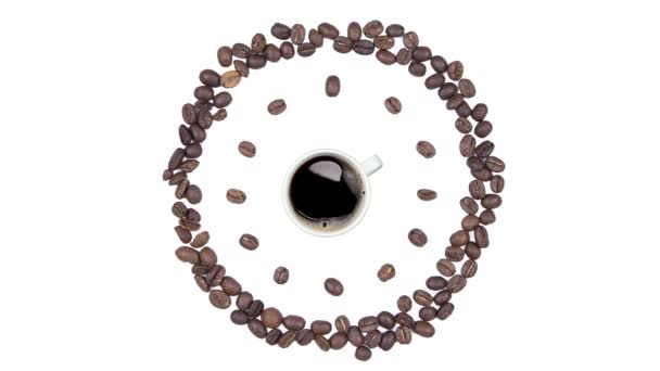 Coffee Time - xícara de café preto e relógio de grãos de café, animação loop sem costura isolado em um fundo branco . — Vídeo de Stock