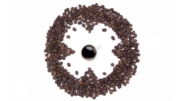 Coffee Time - Coupe de café noir et horloge de grains de café, animation en boucle sans couture isolé sur un fond blanc. — Video