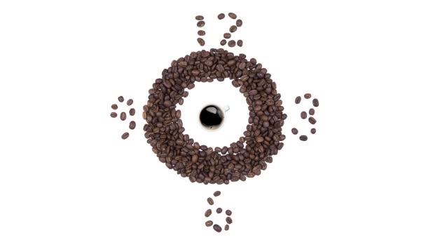 Coffee Time - Tasse schwarzen Kaffee und Uhr mit Kaffeebohnen, nahtlose Schleifenanimation isoliert auf weißem Hintergrund. — Stockvideo