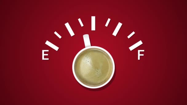 연료 지시약의 애니메이션, 연료 레벨을 보여 주고, 컵 커피와 함께 빨간 배경을 보여준다. 커피의 창의적 인 아이디어 배경. — 비디오
