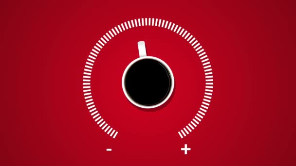 Animation der Kraftstoffanzeige, die den Kraftstoffstand mit Tasse schwarzem Kaffee auf rotem Hintergrund zeigt. Kaffee kreative Idee Hintergrund. — Stockvideo