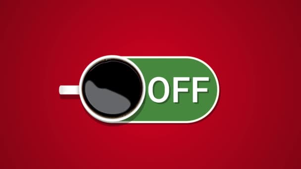Animation einer Tasse Espresso mit ON OFF grünen Knöpfen auf rotem Hintergrund. Kaffee kreative Idee Hintergrund. — Stockvideo