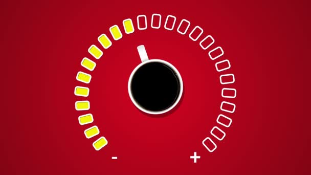 Animación del indicador de combustible, mostrando el nivel de combustible con taza de café negro en el fondo rojo. Café fondo idea creativa . — Vídeos de Stock