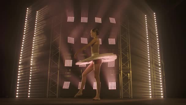 Bailarina profesional bailando ballet en focos de humo en el gran escenario. Hermosa joven con vestido de tutú blanco en los reflectores de fondo — Vídeos de Stock