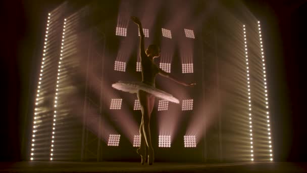 Profesjonalna baletnica tańcząca balet w świetle reflektorów dym na dużej scenie. Piękna młoda dziewczyna w białej sukience tutu na tle reflektorów — Wideo stockowe