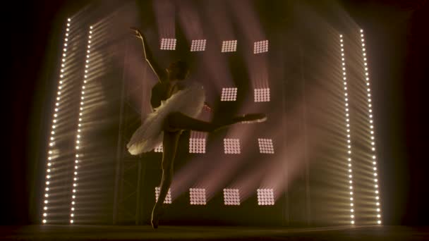 Професійний балериновий танцювальний балет у прожекторах дим на великій сцені. Красива молода дівчина в білій сукні на фоні прожекторів — стокове відео