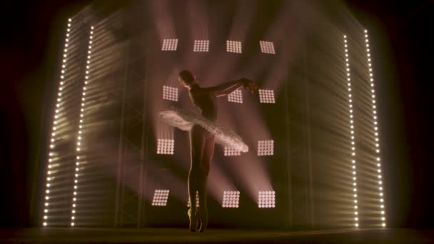 Professionell ballerinadansbalett i rampljuset röker på stora scenen. Vacker ung flicka bär vit tutu klänning på strålkastare bakgrund — Stockvideo