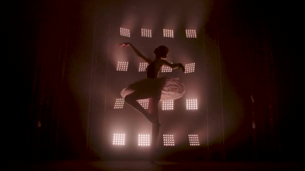 Anmutige Silhouetten-Ballerina tanzt im schwarzen Kleid im Studio im Scheinwerferlicht auf der Bühne des Theaters. Fleißige Balletttänzerin, die tänzerische Elemente des klassischen Balletts vorführt. Zeitlupe. — Stockvideo