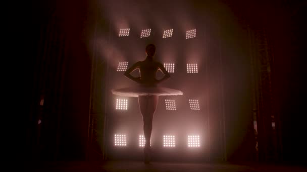 Anmutige Silhouetten-Ballerina tanzt im schwarzen Kleid im Studio im Scheinwerferlicht auf der Bühne des Theaters. Fleißige Balletttänzerin, die tänzerische Elemente des klassischen Balletts vorführt. Zeitlupe. — Stockvideo