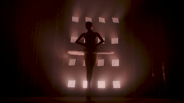 Bailarina de silueta elegante bailando en vestido negro en el estudio en el centro de atención en el escenario del teatro. Bailarina de ballet diligente interpretando elementos de baile del ballet clásico. Movimiento lento . — Vídeos de Stock