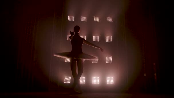 Anmutige Silhouetten-Ballerina tanzt im schwarzen Kleid im Studio im Scheinwerferlicht auf der Bühne des Theaters. Fleißige Balletttänzerin, die tänzerische Elemente des klassischen Balletts vorführt. Zeitlupe. — Stockvideo