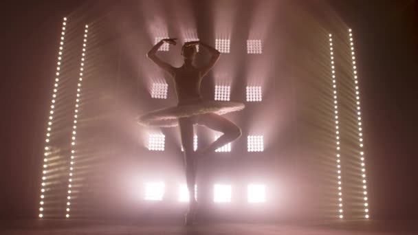 Diligente bailarina joven elegante bailando elementos de ballet clásico en la oscuridad con luz y humo en el fondo. Hermosa bailarina joven en la oscuridad. Práctica de ballet en estudio . — Vídeos de Stock