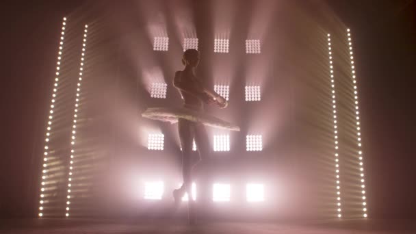 Pečlivá mladá půvabná baletka tančící prvky klasického baletu ve tmě se světlem a kouřem na pozadí. Krásná mladá baletka v temnotě. Baletní trénink ve studiu. — Stock video