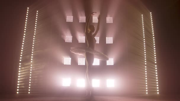 Diligente bailarina joven elegante bailando elementos de ballet clásico en la oscuridad con luz y humo en el fondo. Hermosa bailarina joven en la oscuridad. Práctica de ballet en estudio . — Vídeos de Stock