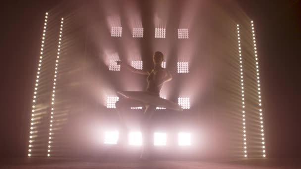 Diligente bailarina joven elegante bailando elementos de ballet clásico en la oscuridad con luz y humo en el fondo. Hermosa bailarina joven en la oscuridad. Práctica de ballet en estudio . — Vídeo de stock