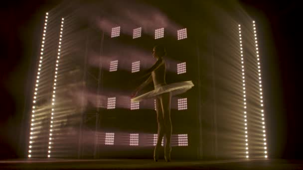 Diligente bailarina joven elegante bailando elementos de ballet clásico en la oscuridad con luz y humo en el fondo. Hermosa bailarina joven en la oscuridad. Práctica de ballet en estudio . — Vídeos de Stock