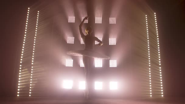 Diligente bailarina joven elegante bailando elementos de ballet clásico en la oscuridad con luz y humo en el fondo. Hermosa bailarina joven en la oscuridad. Práctica de ballet en estudio . — Vídeos de Stock