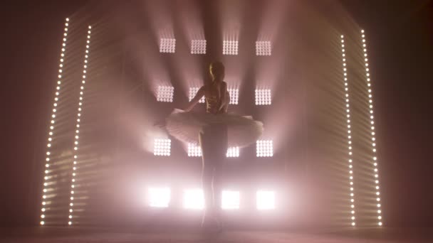 Flitig ung graciös ballerina dansande inslag av klassisk balett i mörkret med ljus och rök på bakgrunden. Vacker ung ballerina i mörker. Balettträning i studio. — Stockvideo