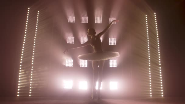 Diligente bailarina joven elegante bailando elementos de ballet clásico en la oscuridad con luz y humo en el fondo. Hermosa bailarina joven en la oscuridad. Práctica de ballet en estudio . — Vídeos de Stock