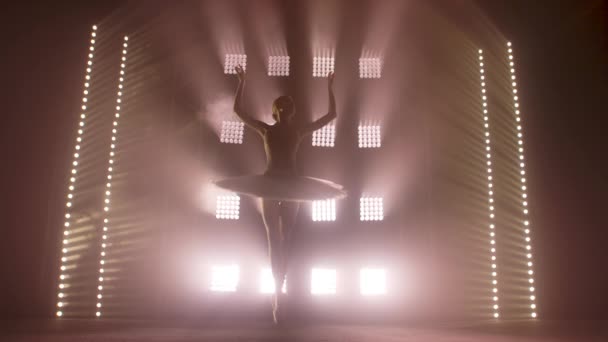 Diligente bailarina joven elegante bailando elementos de ballet clásico en la oscuridad con luz y humo en el fondo. Hermosa bailarina joven en la oscuridad. Práctica de ballet en estudio . — Vídeos de Stock