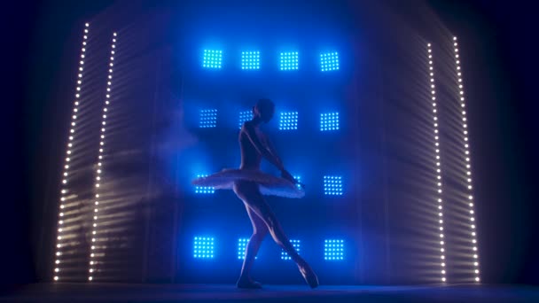 Yaratıcı kadın koreograf bir bale gösterisi hazırlıyor, dans ediyor ve mavi ışık ışınlarında çeşitli hareketler yapıyor - sanat konsepti 4k Yavaş çekim görüntüleri. — Stok video