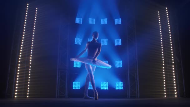 Yaratıcı kadın koreograf bir bale gösterisi hazırlıyor, dans ediyor ve mavi ışık ışınlarında çeşitli hareketler yapıyor - sanat konsepti 4k Yavaş çekim görüntüleri. — Stok video