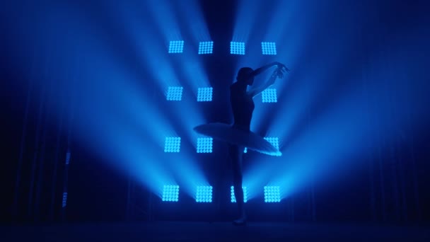 Bailarina de silueta elegante haciendo un entrenamiento en el aula. Humo en los rayos de luz azul. Bailarina de ballet en tutú blanco, chica en punta, gira a tu alrededor, cámara lenta — Vídeos de Stock