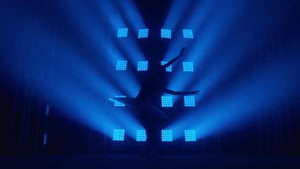 Bailarina de silueta elegante haciendo un entrenamiento en el aula. Humo en los rayos de luz azul. Bailarina de ballet en tutú blanco, chica en punta, gira a tu alrededor, cámara lenta — Vídeos de Stock