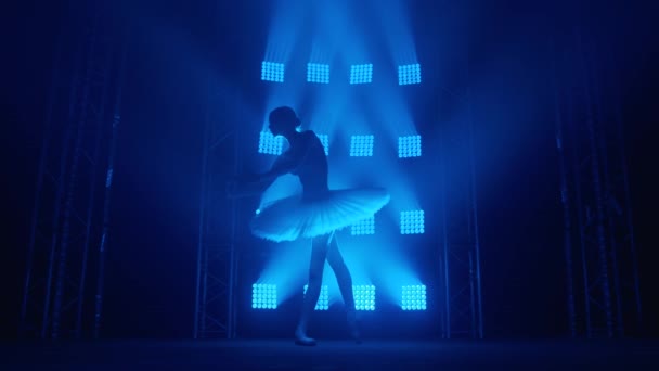 Ballerine gracieuse silhouette faisant un entraînement dans la salle de classe. Fumée dans les rayons de lumière bleue. Ballet danseur en tutu blanc, fille en pointe, tourbillons autour de vous, ralenti — Video