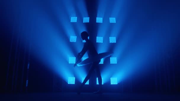 Bailarina de silueta elegante haciendo un entrenamiento en el aula. Humo en los rayos de luz azul. Bailarina de ballet en tutú blanco, chica en punta, gira a tu alrededor, cámara lenta — Vídeos de Stock