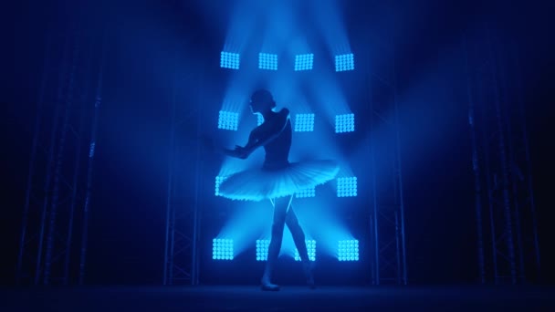 Bailarina silhueta graciosa fazendo um treino na sala de aula. Fumaça nos raios de luz azul. Dançarina de ballet em tutu branco, menina em pointe, gira em torno de você, câmera lenta — Vídeo de Stock