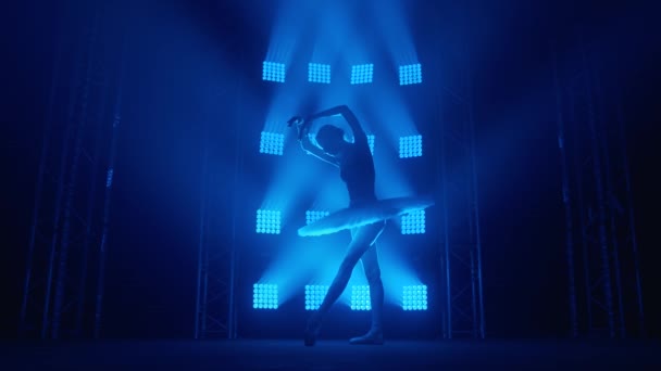 Bailarina de silueta elegante haciendo un entrenamiento en el aula. Humo en los rayos de luz azul. Bailarina de ballet en tutú blanco, chica en punta, gira a tu alrededor, cámara lenta — Vídeos de Stock