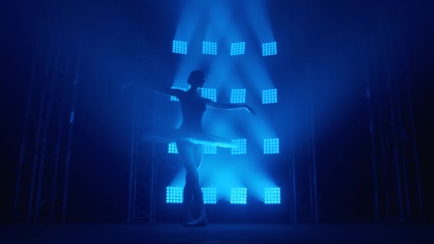 Graceful silhouette ballerina doing a workout in the classroom. Smoke in the rays of blue light. Ballet dancer in white tutu, girl in pointe, whirls around you, slow motion — Stock Video