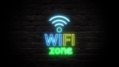 Tuğla duvar arka planında animasyon wifi bölgesi neon ışığı.