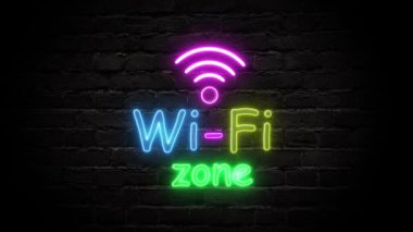 Tuğla duvar arka planında animasyon wifi bölgesi neon ışığı.