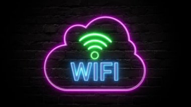 Animasyon neon kablosuz ağ ışığı bulutun içinde tuğla duvar arka planında.