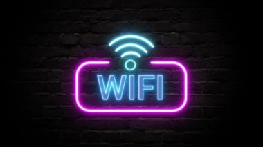 Animasyon wifi neon ışığı tuğla duvar arka planında döngüye alınmış konsept animasyonunda.