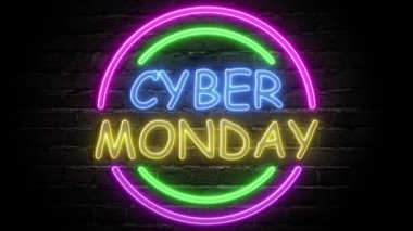 Tuğla duvarda siber pazartesi animasyon ışığı tabelası. Reklam videosu için yanıp sönen neon ışıklı pankart. Satış ve geçiş izni kavramı.