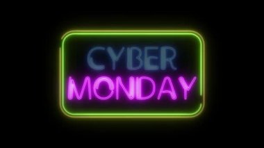 Siyah arka planda siber pazartesi animasyon neon ışığı. Reklam videosu için yanıp sönen neon ışıklı pankart. Satış ve geçiş izni kavramı.